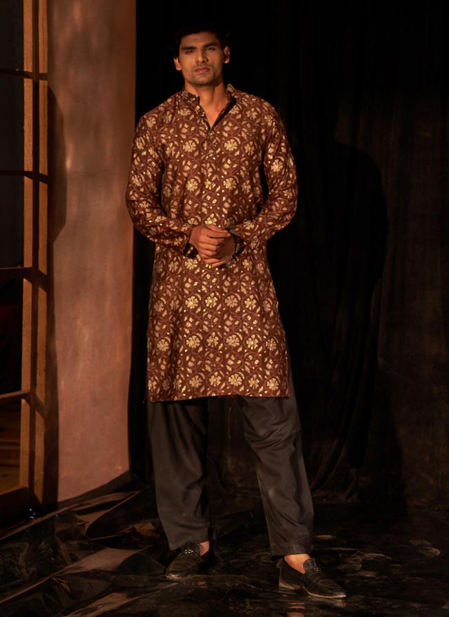 Modal Silk Brown Ceremonial Wear Printed Readymade Kurta Pajama